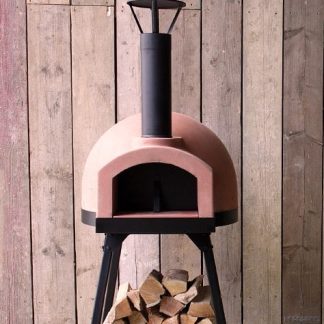 A primo 60 wood fired pizza oven on a black stand, with a black flue and cap